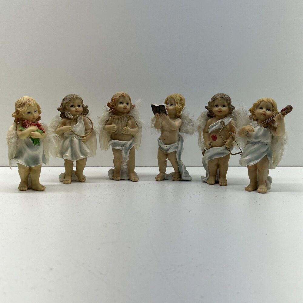 Precious Cherubs Resin Baby Angel Figurines with Feather Wings WMG 2007 Set of 6